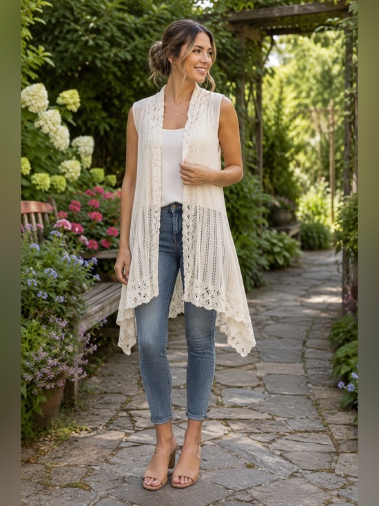 Christopher & Banks Sweaters - Christopher & Banks Ivory Open Front Crochet Knit Duster Vest Cardigan NWT L